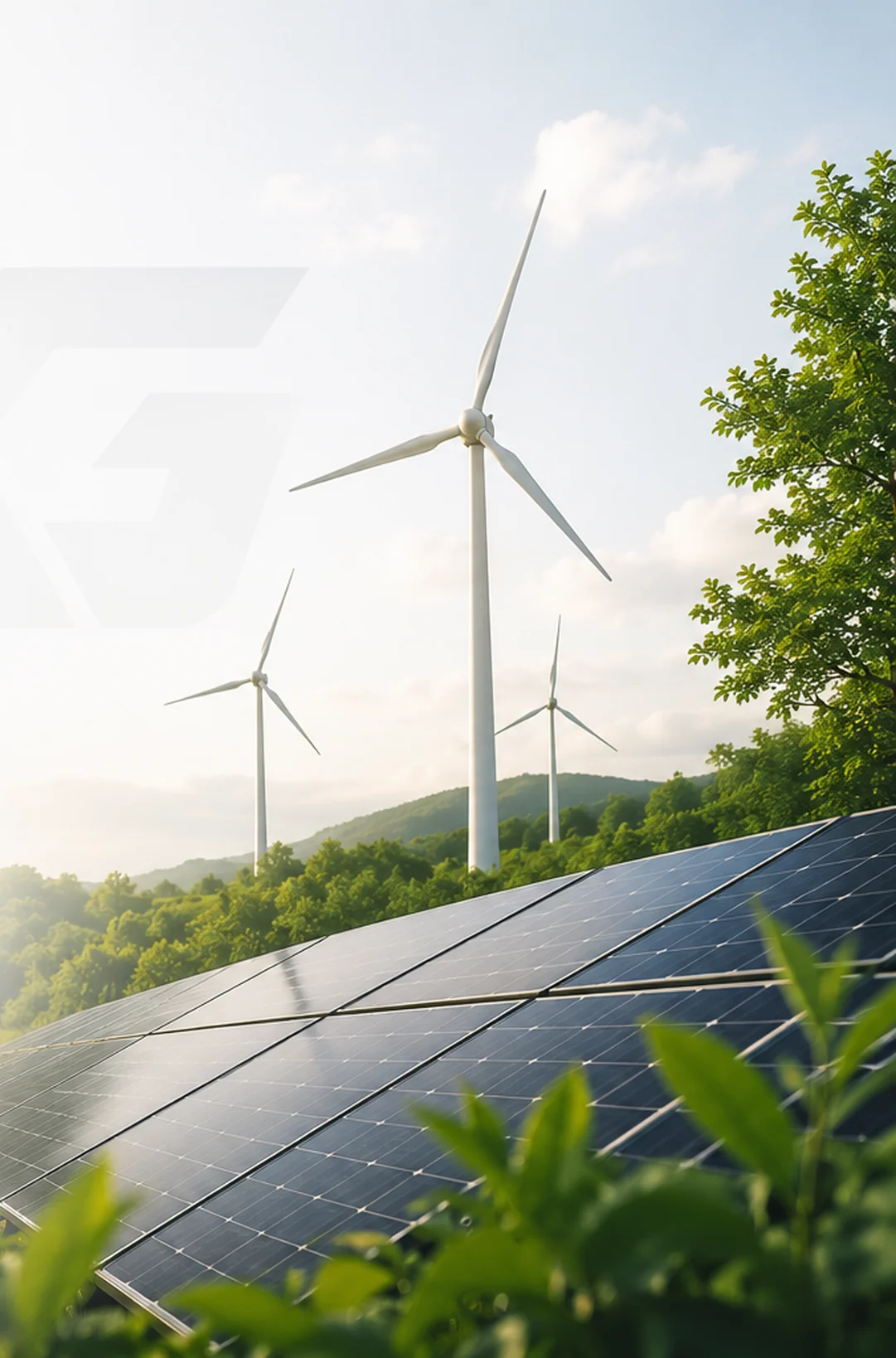 Turbinas eólicas e painéis solares representando a energia renovável usada pela Artec Galvanotécnica